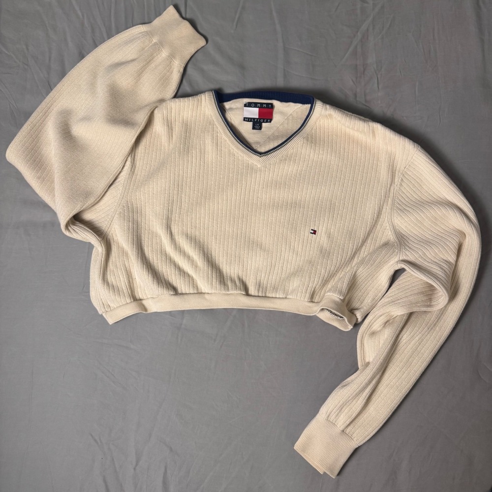 Vintage Tommy Hilfiger‎ Cropped Sweater Women's Beige Ribbed V-Neck Logo Y2K